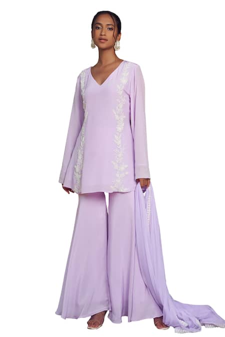 Shop Megha Pitti Purple Crepe, Net Cut Work, Pearls, Sequins Floral Embroidered Kurta Sharara Set Online at Aza Fashions Shop_Megha Pitti_Purple Crepe, Net Cut Work, Pearls, Sequins Floral Embroidered Kurta Sharara Set _Online_at_Aza_Fashions