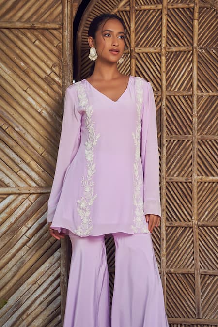Megha Pitti Purple Crepe, Net Cut Work, Pearls, Sequins Floral Embroidered Kurta Sharara Set at Aza Fashions Megha Pitti_Purple Crepe, Net Cut Work, Pearls, Sequins Floral Embroidered Kurta Sharara Set _at_Aza_Fashions