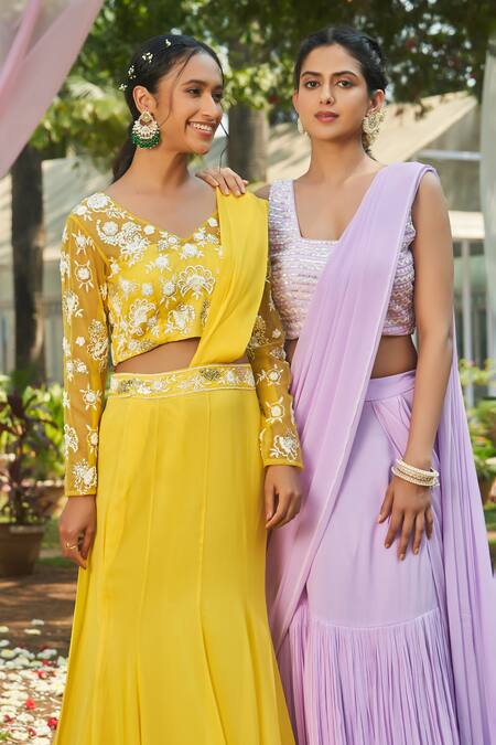 Buy Megha Pitti Purple Georgette Sequins, Cut Work, Pearls Pre-draped Fushcut Saree With Blouse Online at Aza Fashions Buy_Megha Pitti_Purple Georgette Sequins, Cut Work, Pearls Pre-draped Fushcut Saree With Blouse _Online_at_Aza_Fashions