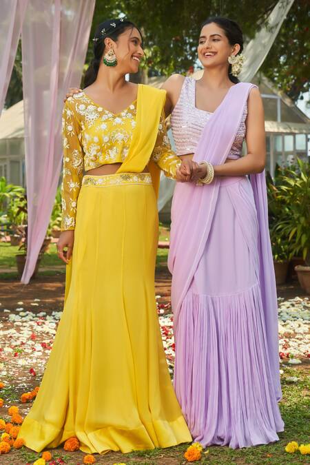 Shop Megha Pitti Purple Georgette Sequins, Cut Work, Pearls Pre-draped Fushcut Saree With Blouse Online at Aza Fashions Shop_Megha Pitti_Purple Georgette Sequins, Cut Work, Pearls Pre-draped Fushcut Saree With Blouse _Online_at_Aza_Fashions