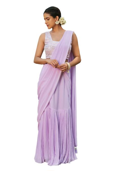 Megha Pitti Purple Georgette Sequins, Cut Work, Pearls Pre-draped Fushcut Saree With Blouse at Aza Fashions Megha Pitti_Purple Georgette Sequins, Cut Work, Pearls Pre-draped Fushcut Saree With Blouse _at_Aza_Fashions