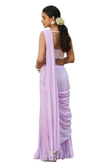Shop Megha Pitti Purple Georgette Sequins, Cut Work, Pearls Pre-draped Fushcut Saree With Blouse Shop_Megha Pitti_Purple Georgette Sequins, Cut Work, Pearls Pre-draped Fushcut Saree With Blouse