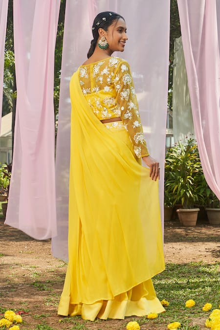Shop Megha Pitti Yellow Georgette, Organza Floral Embroidered Pre-draped Saree With Blouse at Aza Fashions Shop_Megha Pitti_Yellow Georgette, Organza Floral Embroidered Pre-draped Saree With Blouse _at_Aza_Fashions
