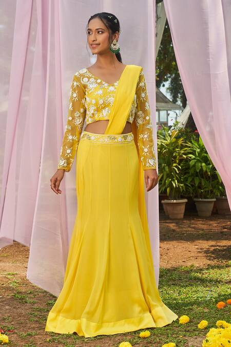 Megha Pitti Yellow Georgette, Organza Floral Embroidered Pre-draped Saree With Blouse Online at Aza Fashions Megha Pitti_Yellow Georgette, Organza Floral Embroidered Pre-draped Saree With Blouse _Online_at_Aza_Fashions