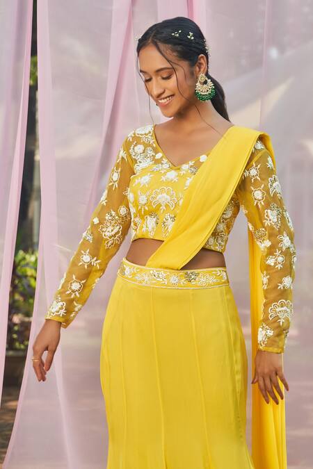 Buy Megha Pitti Yellow Georgette, Organza Floral Embroidered Pre-draped Saree With Blouse Online at Aza Fashions Buy_Megha Pitti_Yellow Georgette, Organza Floral Embroidered Pre-draped Saree With Blouse _Online_at_Aza_Fashions