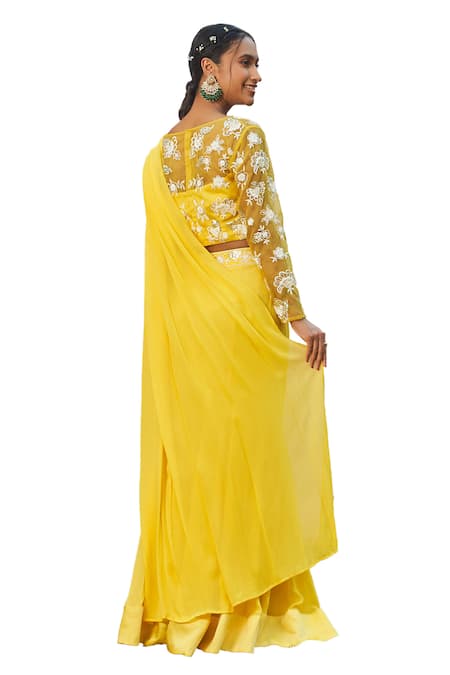 Shop Megha Pitti Yellow Georgette, Organza Floral Embroidered Pre-draped Saree With Blouse Online at Aza Fashions Shop_Megha Pitti_Yellow Georgette, Organza Floral Embroidered Pre-draped Saree With Blouse _Online_at_Aza_Fashions