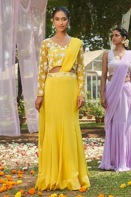 Megha Pitti Yellow Georgette, Organza Floral Embroidered Pre-draped Saree With Blouse at Aza Fashions Megha Pitti_Yellow Georgette, Organza Floral Embroidered Pre-draped Saree With Blouse _at_Aza_Fashions