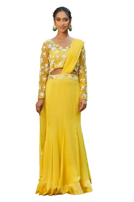 Buy Megha Pitti Yellow Georgette, Organza Floral Embroidered Pre-draped Saree With Blouse Buy_Megha Pitti_Yellow Georgette, Organza Floral Embroidered Pre-draped Saree With Blouse