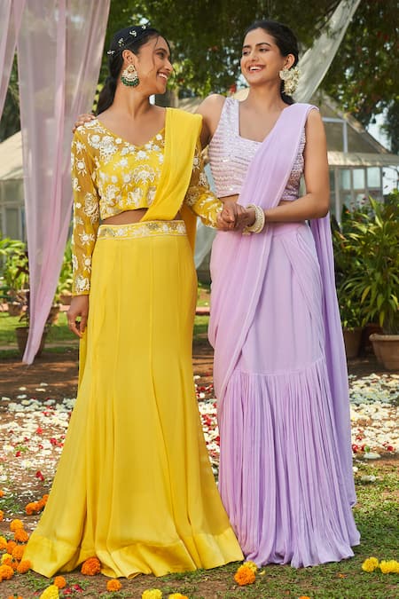 Shop Megha Pitti Yellow Georgette, Organza Floral Embroidered Pre-draped Saree With Blouse Shop_Megha Pitti_Yellow Georgette, Organza Floral Embroidered Pre-draped Saree With Blouse
