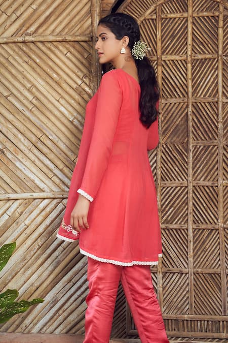 Shop_Megha Pitti_Red Georgette, Satin Sequins, Pearls Round Neck Sheer Embroidered Kurta Pant Set _at_Aza_Fashions