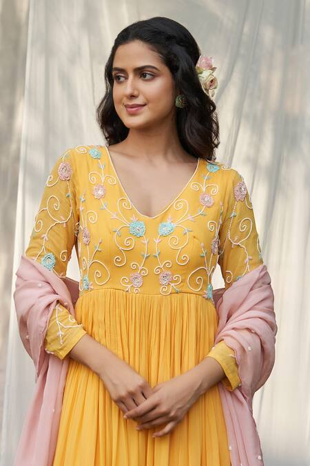 Buy_Megha Pitti_Yellow Georgette Embroidery, Pearls V-neck Anarkali With Dupatta _Online_at_Aza_Fashions
