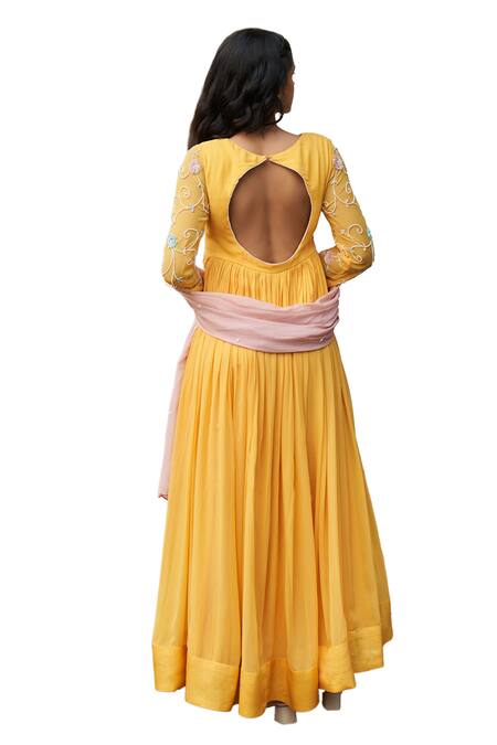 Shop_Megha Pitti_Yellow Georgette Embroidery, Pearls V-neck Anarkali With Dupatta 
