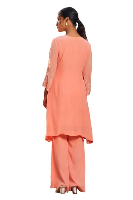 Buy Megha Pitti Peach Crepe Sequins, Cut Work Open And Cutdana Embroidered Tunic & Flared Pant Set Online at Aza Fashions Buy_Megha Pitti_Peach Crepe Sequins, Cut Work Open And Cutdana Embroidered Tunic & Flared Pant Set _Online_at_Aza_Fashions