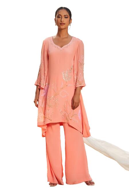 Shop Megha Pitti Peach Crepe Sequins, Cut Work Open And Cutdana Embroidered Tunic & Flared Pant Set Online at Aza Fashions Shop_Megha Pitti_Peach Crepe Sequins, Cut Work Open And Cutdana Embroidered Tunic & Flared Pant Set _Online_at_Aza_Fashions