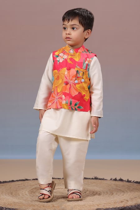Casa Ninos_Red Muslin, , Satin Embroidery Floral Print Bundi Kurta Set _Online_at_Aza_Fashions