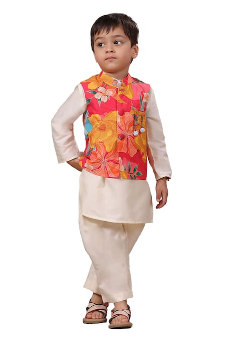 Buy_Casa Ninos_Red Muslin, , Satin Embroidery Floral Print Bundi Kurta Set _Online_at_Aza_Fashions