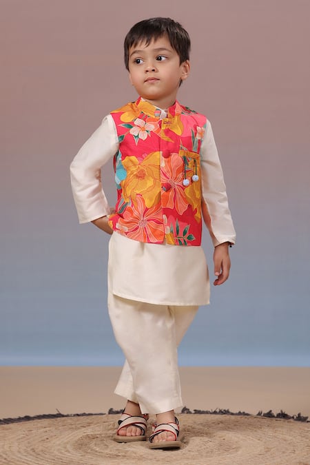 Shop_Casa Ninos_Red Muslin, , Satin Embroidery Floral Print Bundi Kurta Set _Online_at_Aza_Fashions