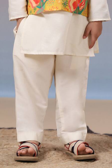 Casa Ninos_Yellow Muslin, Cotton, Silk Floral Print Bundi Kurta Pyjama Set _Online_at_Aza_Fashions