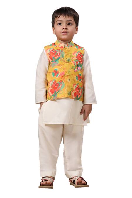 Buy_Casa Ninos_Yellow Muslin, Cotton, Silk Floral Print Bundi Kurta Pyjama Set _Online_at_Aza_Fashions