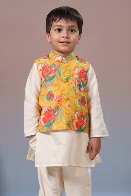 Shop_Casa Ninos_Yellow Muslin, Cotton, Silk Floral Print Bundi Kurta Pyjama Set _Online_at_Aza_Fashions