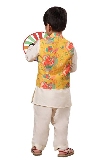 Casa Ninos_Yellow Muslin, Cotton, Silk Floral Print Bundi Kurta Pyjama Set _at_Aza_Fashions