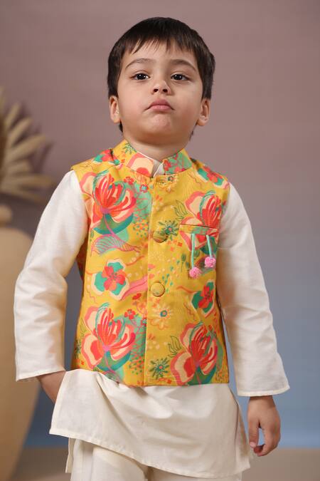 Buy_Casa Ninos_Yellow Muslin, Cotton, Silk Floral Print Bundi Kurta Pyjama Set 