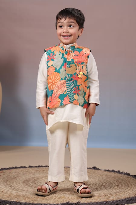 CASA NINOS Flower Print Bundi Kurta Set 