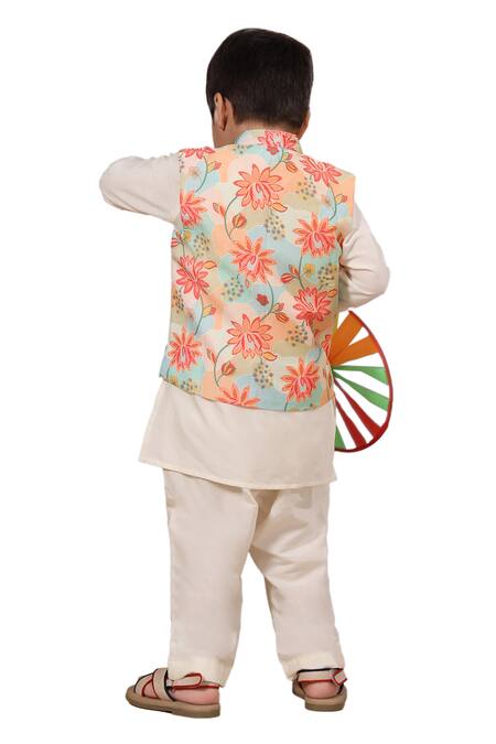 Casa Ninos Multi Color Muslin, Cotton Floral Print Bundi Kurta Set Online at Aza Fashions Casa Ninos_Multi Color Muslin, Cotton Floral Print Bundi Kurta Set _Online_at_Aza_Fashions