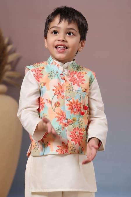 Shop_Casa Ninos_Multi Color Muslin, Cotton Floral Print Bundi Kurta Set _Online_at_Aza_Fashions