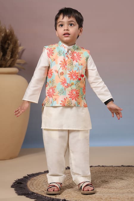 Casa Ninos_Multi Color Muslin, Cotton Floral Print Bundi Kurta Set _at_Aza_Fashions