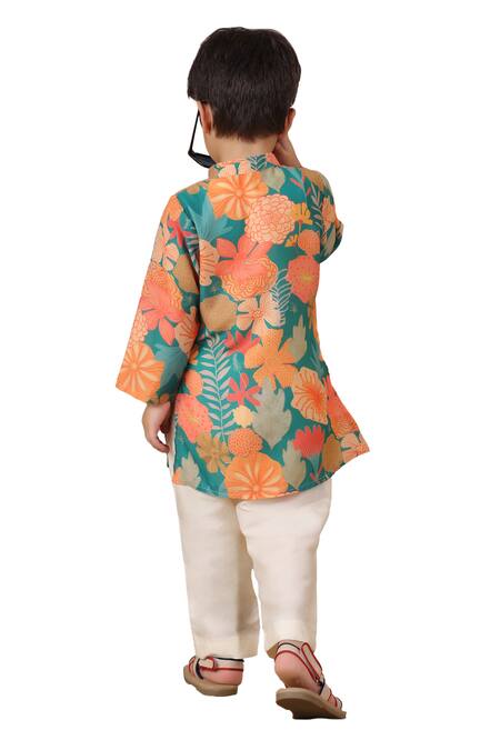 Casa Ninos_Green Muslin, Cotton Floral Print Kurta And Pyjama Set _Online_at_Aza_Fashions
