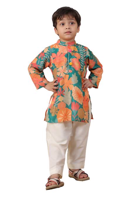 Buy_Casa Ninos_Green Muslin, Cotton Floral Print Kurta And Pyjama Set 