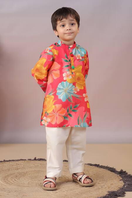 Buy_Casa Ninos_Multi Color Muslin, Cotton, Silk Floral Print Straight Kurta And Pyjama Set 