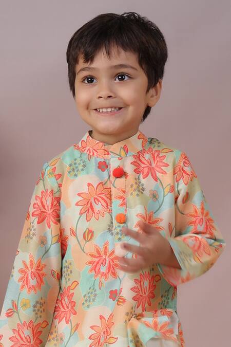 Casa Ninos Multi Color Muslin, Cotton, Silk Embroidery Floral Print Kurta And Pyjama Set Online at Aza Fashions Casa Ninos_Multi Color Muslin, Cotton, Silk Embroidery Floral Print Kurta And Pyjama Set _Online_at_Aza_Fashions