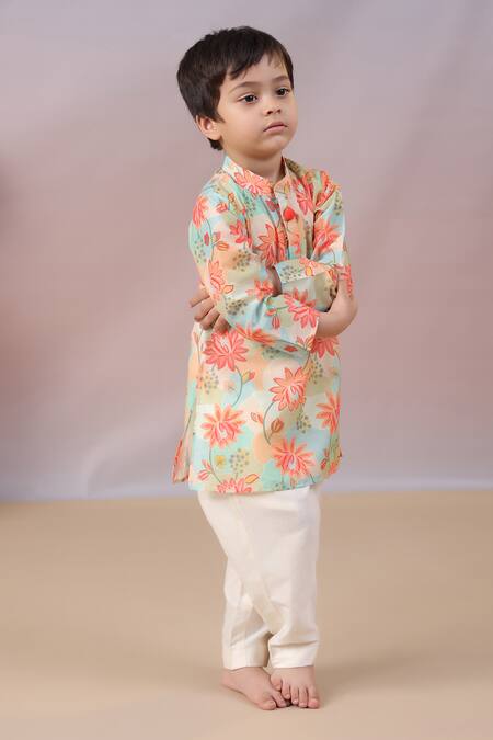 Casa Ninos_Multi Color Muslin, Cotton, Silk Embroidery Floral Print Kurta And Pyjama Set _at_Aza_Fashions