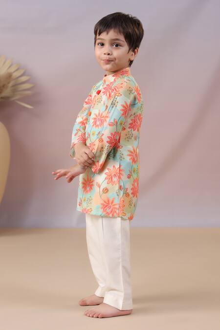 Shop_Casa Ninos_Multi Color Muslin, Cotton, Silk Embroidery Floral Print Kurta And Pyjama Set 