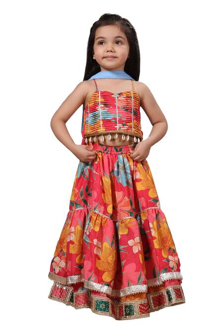 Casa Ninos Red Net, Muslin, Cotton Sequins, Tassels Printed Layered Lehenga Set Online at Aza Fashions Casa Ninos_Red Net, Muslin, Cotton Sequins, Tassels Printed Layered Lehenga Set _Online_at_Aza_Fashions