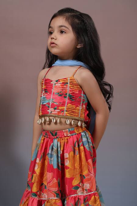 Shop_Casa Ninos_Red Net, Muslin, Cotton Sequins, Tassels Printed Layered Lehenga Set _Online_at_Aza_Fashions