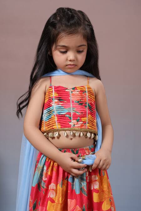Casa Ninos_Red Net, Muslin, Cotton Sequins, Tassels Printed Layered Lehenga Set _at_Aza_Fashions