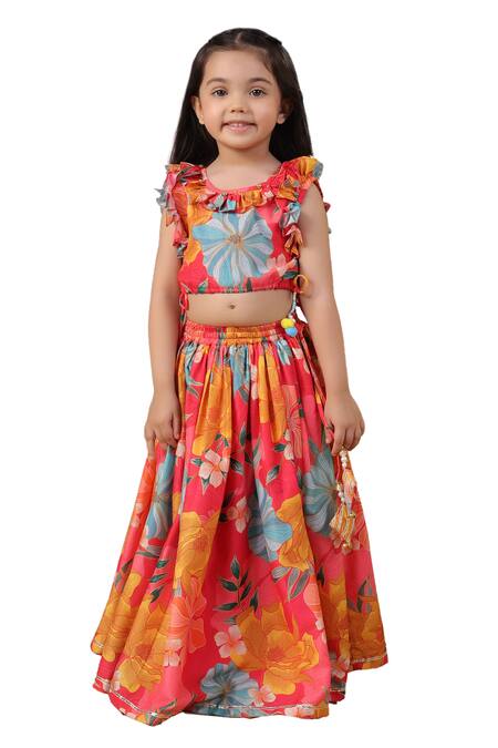 Casa Ninos Red Muslin, Crepe Ruffles Floral Print Lehenga Set Online at Aza Fashions Casa Ninos_Red Muslin, Crepe Ruffles Floral Print Lehenga Set _Online_at_Aza_Fashions