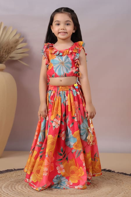 Shop_Casa Ninos_Red Muslin, Crepe Ruffles Floral Print Lehenga Set _Online_at_Aza_Fashions