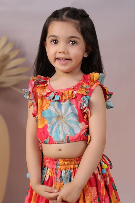 Casa Ninos_Red Muslin, Crepe Ruffles Floral Print Lehenga Set _at_Aza_Fashions