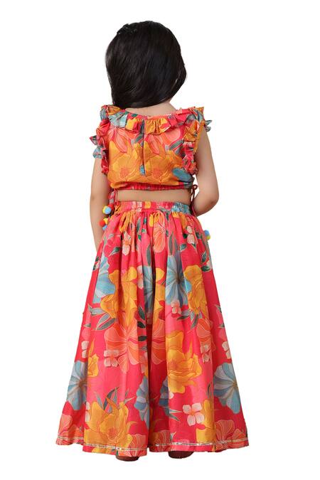Buy Casa Ninos Red Muslin, Crepe Ruffles Floral Print Lehenga Set Buy_Casa Ninos_Red Muslin, Crepe Ruffles Floral Print Lehenga Set