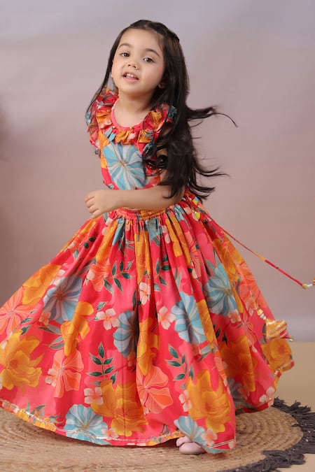 Shop_Casa Ninos_Red Muslin, Crepe Ruffles Floral Print Lehenga Set 