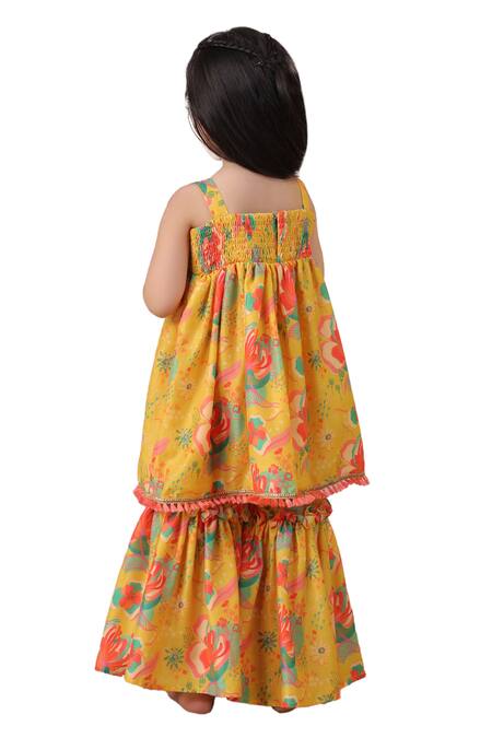 Casa Ninos Yellow Muslin Ruffles Floral Print Kurta And Sharara Set Online at Aza Fashions Casa Ninos_Yellow Muslin Ruffles Floral Print Kurta And Sharara Set _Online_at_Aza_Fashions