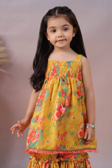 Shop_Casa Ninos_Yellow Muslin Ruffles Floral Print Kurta And Sharara Set _Online_at_Aza_Fashions