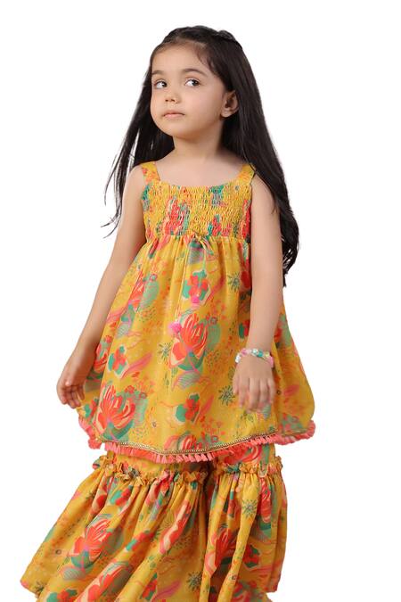 Buy Casa Ninos Yellow Muslin Ruffles Floral Print Kurta And Sharara Set Buy_Casa Ninos_Yellow Muslin Ruffles Floral Print Kurta And Sharara Set