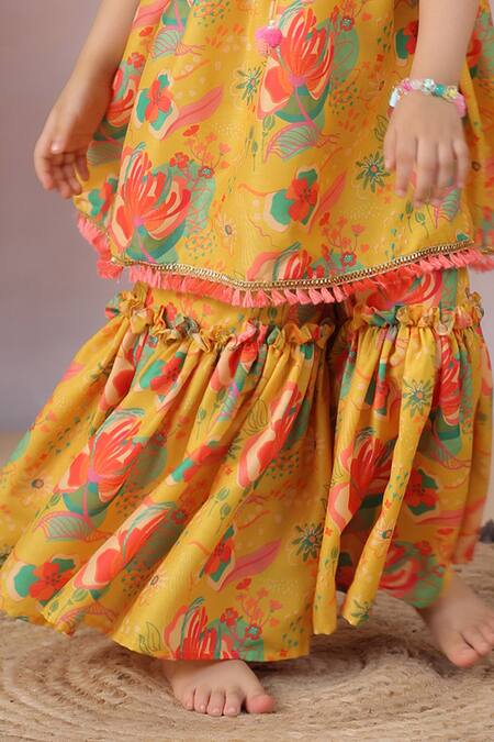 Shop Casa Ninos Yellow Muslin Ruffles Floral Print Kurta And Sharara Set Shop_Casa Ninos_Yellow Muslin Ruffles Floral Print Kurta And Sharara Set