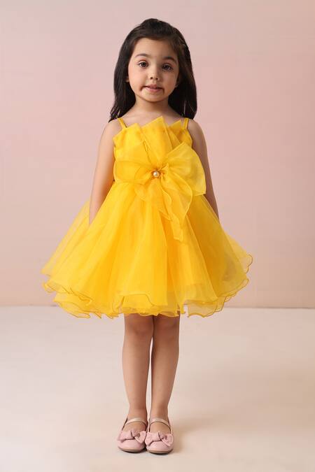Shop_Casa Ninos_Yellow Organza Bows Dress_Online_at_Aza_Fashions
