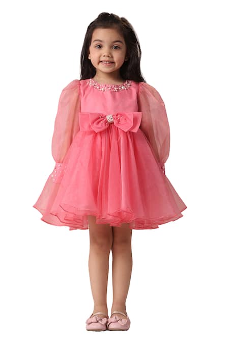 Buy Casa Ninos Pink Organza Pearls, Bows Embroidered Dress Buy_Casa Ninos_Pink Organza Pearls, Bows Embroidered Dress